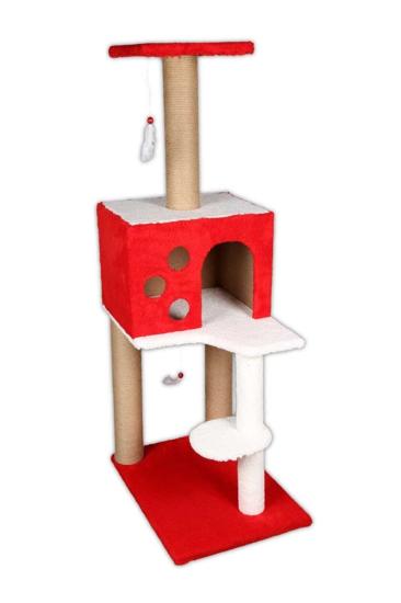 Markapet 3 Katlı Kedi Tırmalama Tahtası + Kedi Evi 40 x 55 x 127 cm Kırmızı