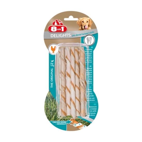 8in1 Delights Pro Dental Twisted Sticks Tavuk Etli Köpek Kemiği 55 gr 10 lu