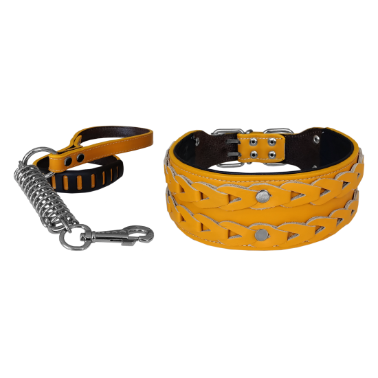 Markapet Elegance Deri İşlemeli Lüks Köpek Tasma Seti XL 7 cm*60-68 cm Sarı