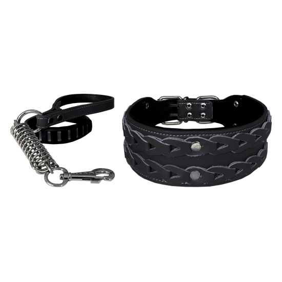 Markapet Elegance Deri İşlemeli Lüks Köpek Tasma Seti XL 7 cm*60-68 cm Siyah