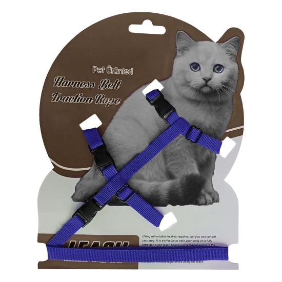 Gezdirme Kayışlı Dokuma Kedi Göğüs Tasma Seti 20*32-120 cm Mavi